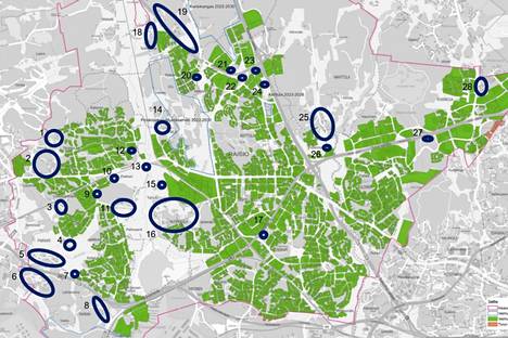 Kuvaan on merkitty sinisellä ympyrällä ne alueet, jonne ely-keskus haluaa Raision laajentavan vesihuollon toiminta-aluettaan.