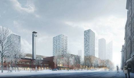 Asemakeskuksen tornitalot jatkavat yleissuunnitelmassa Kannen ja areenan korkeiden rakennusten linjaa.