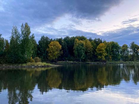 Ruska ei Harjavallassa ole vielä edennyt väriloistoon saakka. Kokemäenjoki Harjavallassa 23.9.2022.