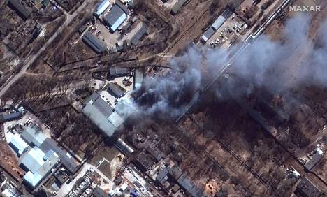 Satelliittikuva tulipalosta Chernihivissä 10. maaliskuuta. 