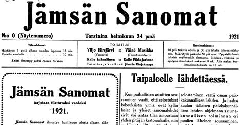 Jämsän Sanomien näytenumero ilmestyi helmikuussa 1921 neljäsivuisena.