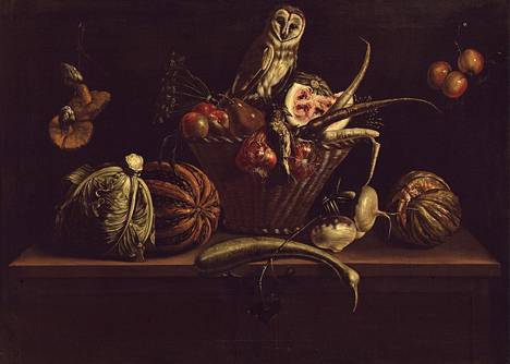 Tehtailija Gösta Serlachiuksen hankkimiin taideteoksiin kuuluu muun muassa tämä pikkutarkasti hedelmiä ja vihanneksia kuvannut kaunokainen 1600-luvulta.