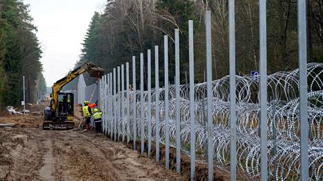 Työntekijät pystyttivät raja-aitaa Liettuassa marraskuun alussa.