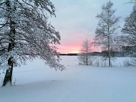 Aurinko punertaa taivaanrantaa Lotilanjärvellä jouluaattona.