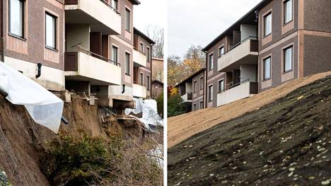 Rivitalon takapihalla Tampereen Kaarilassa tapahtui suuri sortuma helmikuussa 2020. Vasemmalla kuva pihasta helmikuussa 2020, oikealla kuvattuna 6. lokakuuta 2021.