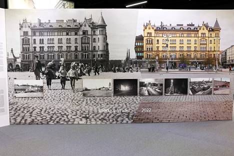 Näin näyttely esittää Keskustorin. Vasemmanpuoleisen kuvan Commercen talosta on ottanut Werner Mauritz Gestrin 1900-luvun vaihteessa, oikeanpuoleisen Saarni Säilynoja vuonna 2022.