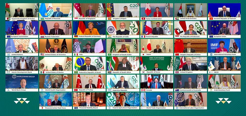 G20-maiden johtajat kokontuivat huippukokoukseen etäyhteyksien kautta. 