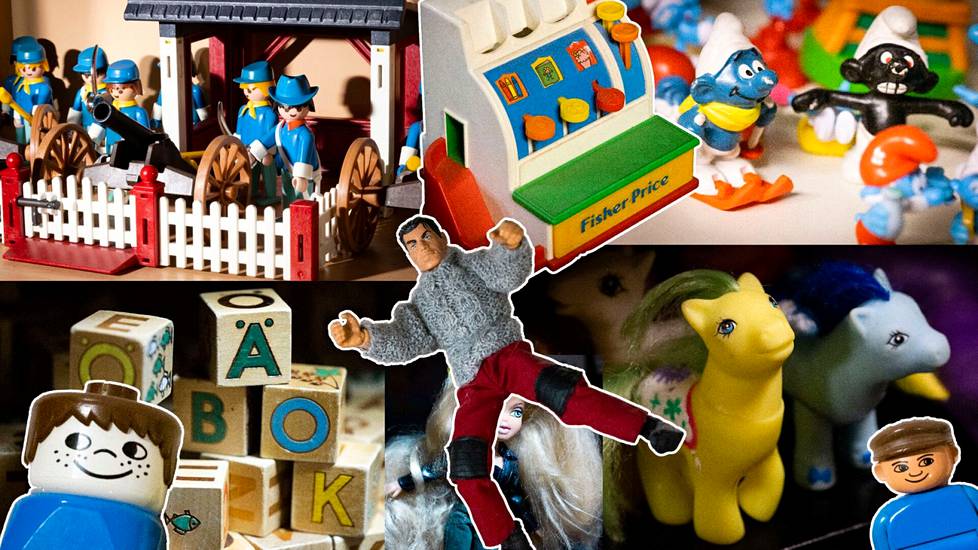 Eri aikakausien leluja: Playmobil-, Duplo, Smurffi- ja ActionMan- ja My Little Pony -hahmoja sekä aakkospalikoita ja Fisher Price -kassakone.
