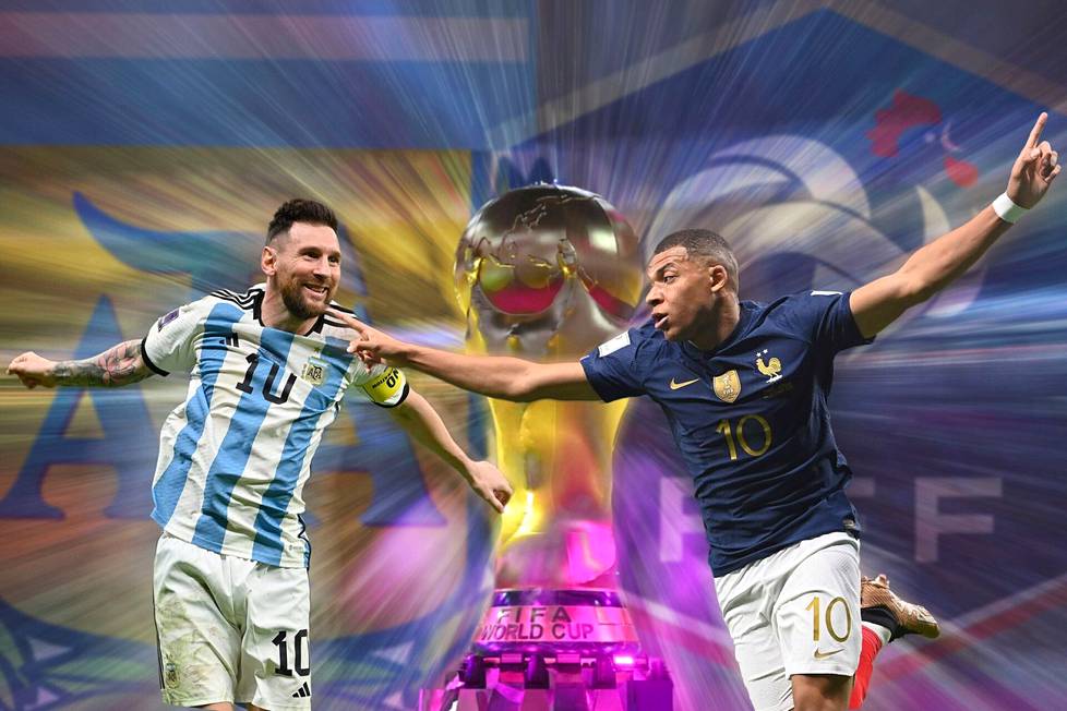 Argentiinan Lionel Messi (vas.) ja Ranskan Kylian Mbappé taistelevat sunnuntaina jalkapallon maailmanmestaruudesta.